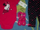 Minnie Mouse Outfit 5pc Set Sz 3-6 Mos Bodysuit Pants Bib Socks Headband New
