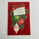 Vintage Mid Century Christmas Greeting Card Red Flocked Ornaments Bow Tree