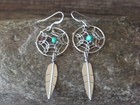 Navajo Indian Sterling Silver Turquoise Coral Dreamcatcher Feather Earrings B   