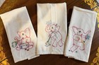 Lot Of 3 Handmade Embroidered Pink Elephants  Doing Chores  Hand Towels Adorable