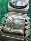 Vintage Signed Taxco Mexico Carved Abalone Hinge Panel Alpaca Silver Bracelet 7   