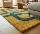 Modern Mustard Teal Geometric Area Rug  Hand Tufted Living Room Rug  5x7 Ft