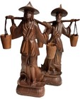 Rare 21  Vintage Hand Carved Wood Asian Water Carrier Statues Pair Mcm Folk Art
