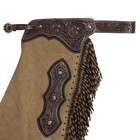 Frontier Tan Suede Chinks Floral Leaf Tooled Accents Twisted Fringe - Chaps New