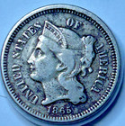 1865 Three Cent Nickle Piece In Clear Plastic Holder Very Nice Coin - B17-27