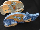 Vintage 1986 Signed Folk Art Hand Painted Wood Cat   Dog Set Of 2 Country Blue