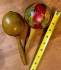 Pair Of 2 Vintage Latin America Wood Hand Carved And Hand Painted Maracas