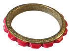 Vintage Mid Century Modern Bracelet Geometric Red Plastic Goldtone Ornate Bangle