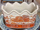 Orange  Red Chinoiserie Porcelain Planter  Scalloped Rim  Hand Painted  12 l 