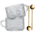  Vintage Glass Coffee Mugs 14 Oz Set Of 2 Clear Embossed Tea Cups  Glass 