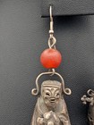 Antique Chinese Export Silver Immortals Earrings Carnelian Repousse Figural 15g
