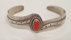Sterling Silver Red Coral Sw Cuff Bracelet Wave Band Stamped Vintage Handmade