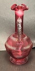 Vtg Handblown Cranberry Glass Decanter Ruffled Rim Missing Stopper