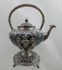 Antique American Sterling Silver Repousse Hand Chased Hot Water Kettle   Teapot