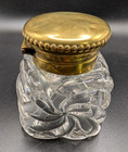 Antique Victorian Glass Inkwell Brass Top Nice Size Beaded Rim Molded Design