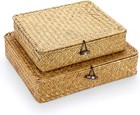 Set Of 2 Flat Woven Wicker Storage Bins With Lid Natural Seagrass Basket Boxe   