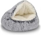 Cat Bed Round Plush Fluffy Hooded Cat Bed Cave Soothing Pet Beds Small 16in 16in
