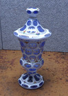 Antique Vintage Bohemian Cut Glass Lidded Jar White Blue Hand Painted Flowers C2