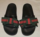 Gucci Sylvie Satin Web Bow Slides Black Sole Red Green Size 40 Us 9