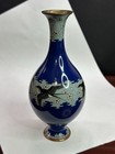 Japanese Meiji Cloisonne Vase Elec  Blue 5 Swallows Rising In Flight