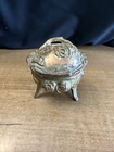 Antique Vintage Ornate Casket Style Metal Trinket Jewelry Box Footed With Roses