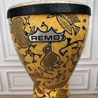 Remo Djembe Hand Drum Yellow Black Petroglyph Fish Bird Print 14 x7 5 
