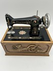 Vintage Mini Replica Singer Sewing Machine Storage Box Wood  Sliding Top  7 1 2 