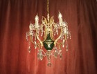 Antique Vintage French 5 Lamps Crystal Glass Brass Green Chandelier