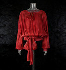  Women Chic Shirt O-neck Long Sleeves Pleated Lace-up Waist Cinching Top White