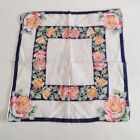 Vintage Cotton Hankie Handkerchief Pink Floral Rose Design Navy White 11 X 11