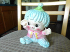 Vtg Relpo Baby Big Eyes Planter Blue Mop Hair Ceramic Nursery Decor Rare   6339