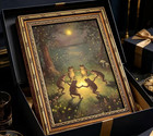 Vintage Gold Framed Frog Wall Art frogs Dancing In Moonlight Forest Painting Can