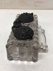 Antique Tatum Double Inkwell Pressed Glass iron Lids   Double Pen Holder As Is