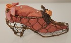 Vtg Victorian Wire Work Pin Cushion Shoe With Bow Sewing Mini Shoe