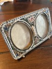 Vintage Brass Micro Mosaic Double Oval Photo Frame Milifiori Rose Vanity Mini