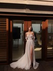 Elegant Strapless Tulle A Line Wedding Dress Modern Beaded High Slit Bridal Gown