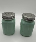 Salt   Pepper Set Shakers Mason Jar Glass Rustic Green With Handle Vintage-look