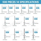 500pcs Pop Rivets Assortment Kit Aluminum Blind Rivets 14 Sizes Blind Rivet Set