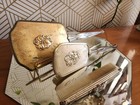 Vintage Vanity Gold Hand Held Mirror  Nylon Hair Brush  And Comb Set