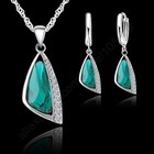 925 Sterling Silver Green Triangle Crystal Jewelry Set Necklace Earrings Gift