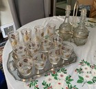 Mid Century Barware Set     Gold Leaf Glasses     Decanter Duo   Metal Serving Tray