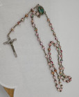 Vintage Italian Rosary Double Sided Medallion Silver Tone Crucifix Mottled Beads