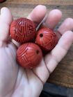 Vintage Antique Lot Of 3 Large Carved Chinese Cinnabar Shou Beads Red
