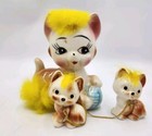 Vintage Anthropomorphic Ceramic Chained Cat Kittens W yellow Fur Figurine Japan