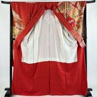 Woman Japanese Kimono Furisode Silk Noshi Plum Blossom Gold Foil Vermilion 167cm