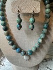 Handmade Blue Impression Jasper Necklace   Earrings Set Boho Beach Stone Jewelry
