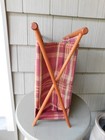 Vintage Knitting Stand Up Cloth Bag Folding Wood Sewing Yarn Craft Basket