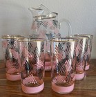Vintage Federal Glass Atomic Pitcher   6 Tumblers Set Pink Black Gold Mcm 1950   s