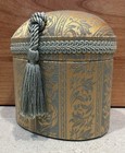 Vtg Tapestry Covered Trinket Storage Sewing Oval Box Padded Lid Tassel Teal Gold