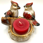 Vtg Ceramic Small Tealight Candle Holder Birds On Log W Holly Country Farmhouse